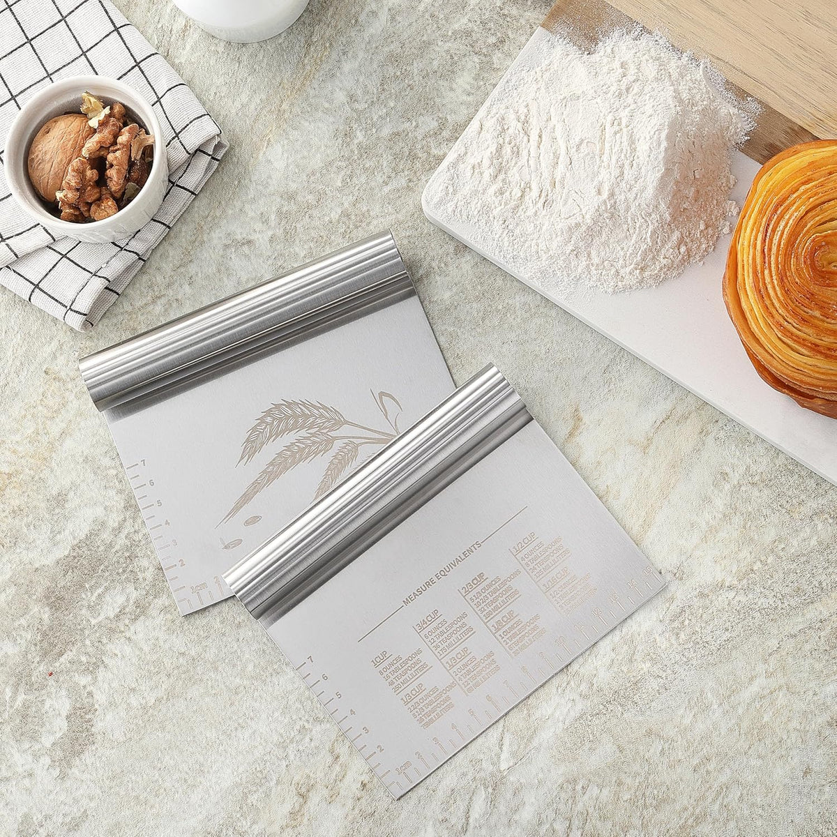 2PCS Dough Pastry Bench Cutter Scraper, Stainless Steel Kitchen Food Scraper with Protective Cover, Anti-Wear Laser-Engraved Measuring Scale and Ear Of Wheat, Dishwasher Safe (2Pack, 6 inch)
