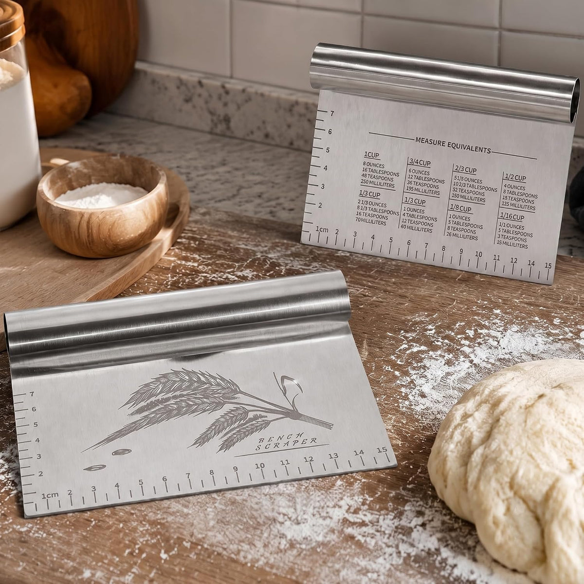 2PCS Dough Pastry Bench Cutter Scraper, Stainless Steel Kitchen Food Scraper with Protective Cover, Anti-Wear Laser-Engraved Measuring Scale and Ear Of Wheat, Dishwasher Safe (2Pack, 6 inch)