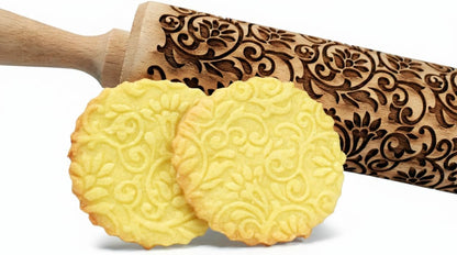 FLOWERING VINE Embossing Rolling Pin. Laser Engraved Dough Roller with Climbing Flowers Pattern for Embossed Cookies or Pottery