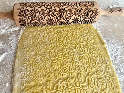 FLOWERING VINE Embossing Rolling Pin. Laser Engraved Dough Roller with Climbing Flowers Pattern for Embossed Cookies or Pottery