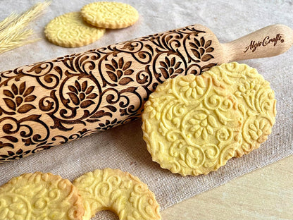 FLOWERING VINE Embossing Rolling Pin. Laser Engraved Dough Roller with Climbing Flowers Pattern for Embossed Cookies or Pottery