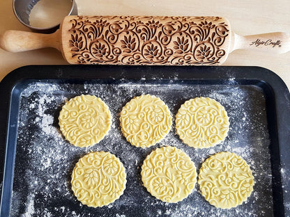 FLOWERING VINE Embossing Rolling Pin. Laser Engraved Dough Roller with Climbing Flowers Pattern for Embossed Cookies or Pottery