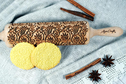 FLOWERING VINE Embossing Rolling Pin. Laser Engraved Dough Roller with Climbing Flowers Pattern for Embossed Cookies or Pottery