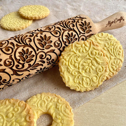 FLOWERING VINE Embossing Rolling Pin. Laser Engraved Dough Roller with Climbing Flowers Pattern for Embossed Cookies or Pottery