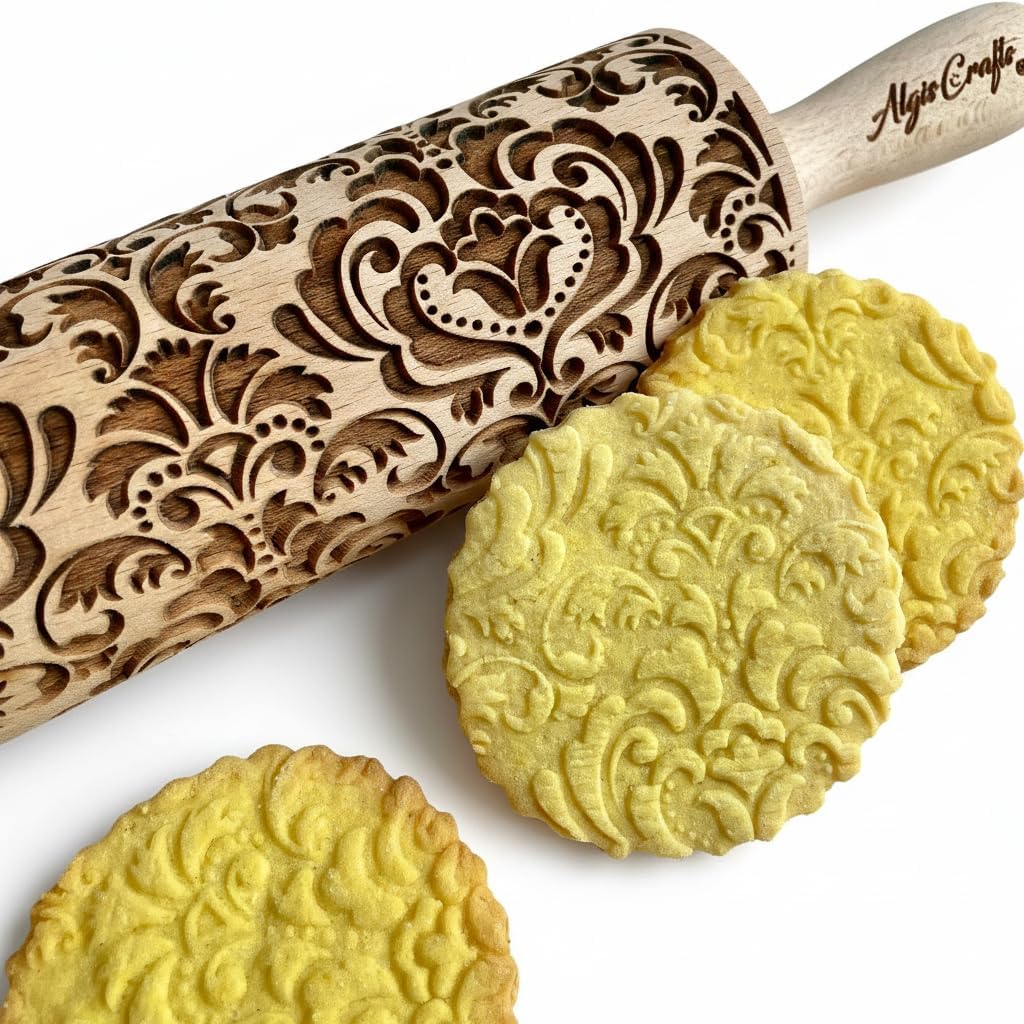 FLOWERING VINE Embossing Rolling Pin. Laser Engraved Dough Roller with Climbing Flowers Pattern for Embossed Cookies or Pottery