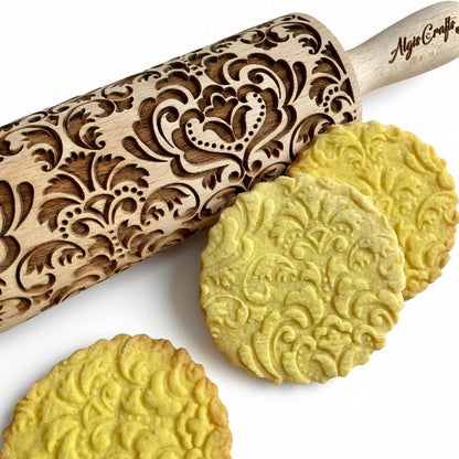 FLOWERING VINE Embossing Rolling Pin. Laser Engraved Dough Roller with Climbing Flowers Pattern for Embossed Cookies or Pottery