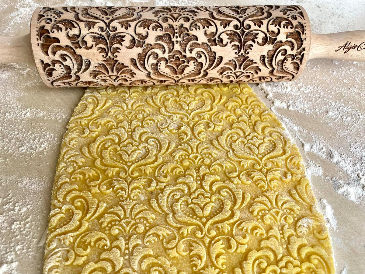 FLOWERING VINE Embossing Rolling Pin. Laser Engraved Dough Roller with Climbing Flowers Pattern for Embossed Cookies or Pottery