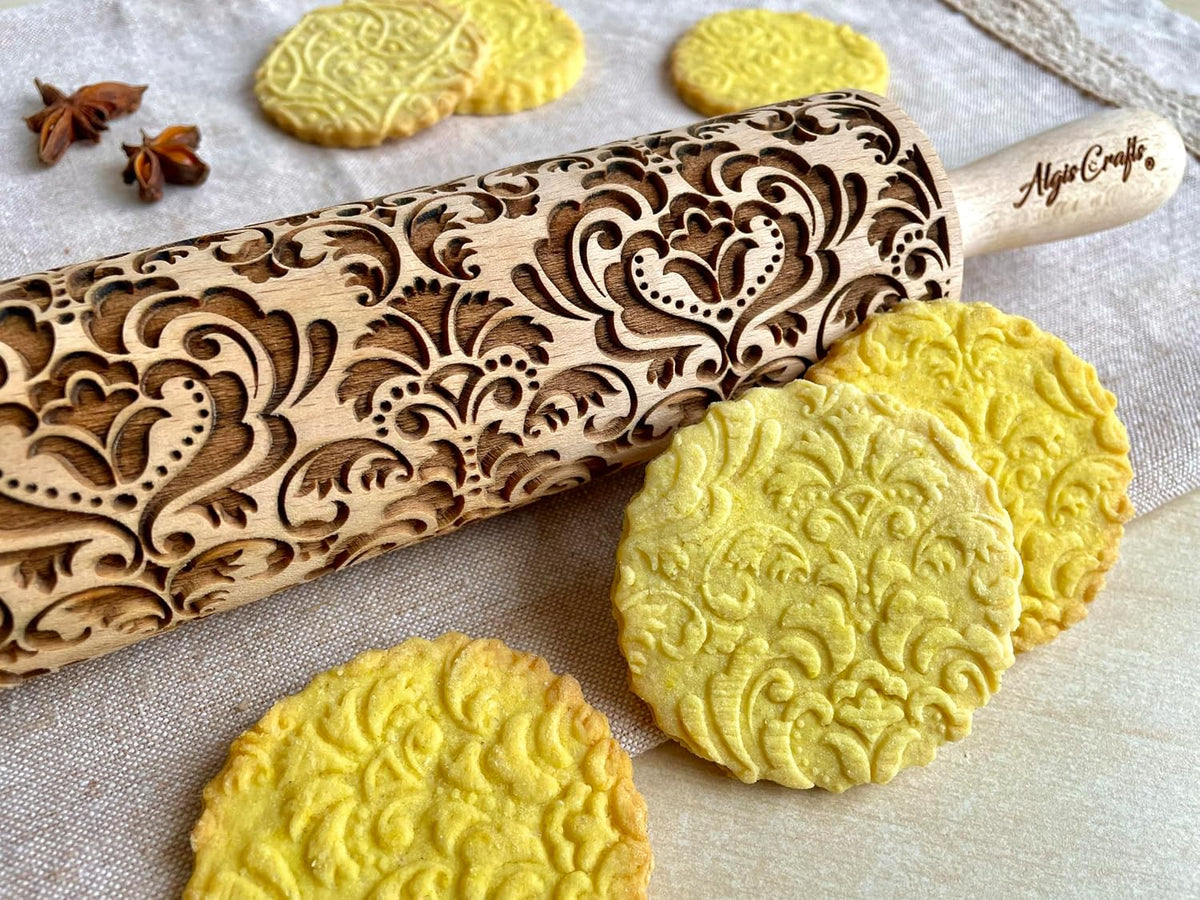 FLOWERING VINE Embossing Rolling Pin. Laser Engraved Dough Roller with Climbing Flowers Pattern for Embossed Cookies or Pottery