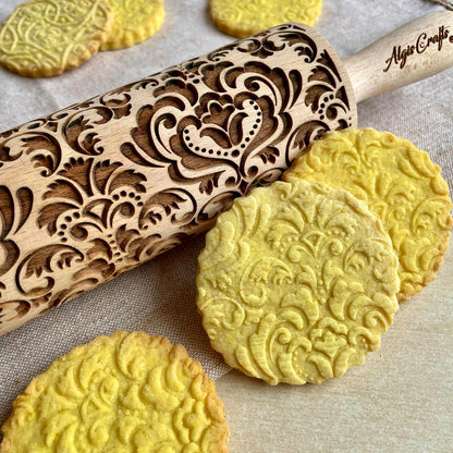 FLOWERING VINE Embossing Rolling Pin. Laser Engraved Dough Roller with Climbing Flowers Pattern for Embossed Cookies or Pottery