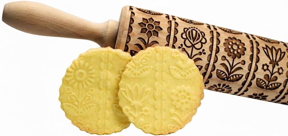 FLOWERING VINE Embossing Rolling Pin. Laser Engraved Dough Roller with Climbing Flowers Pattern for Embossed Cookies or Pottery