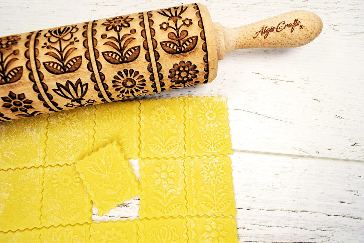FLOWERING VINE Embossing Rolling Pin. Laser Engraved Dough Roller with Climbing Flowers Pattern for Embossed Cookies or Pottery