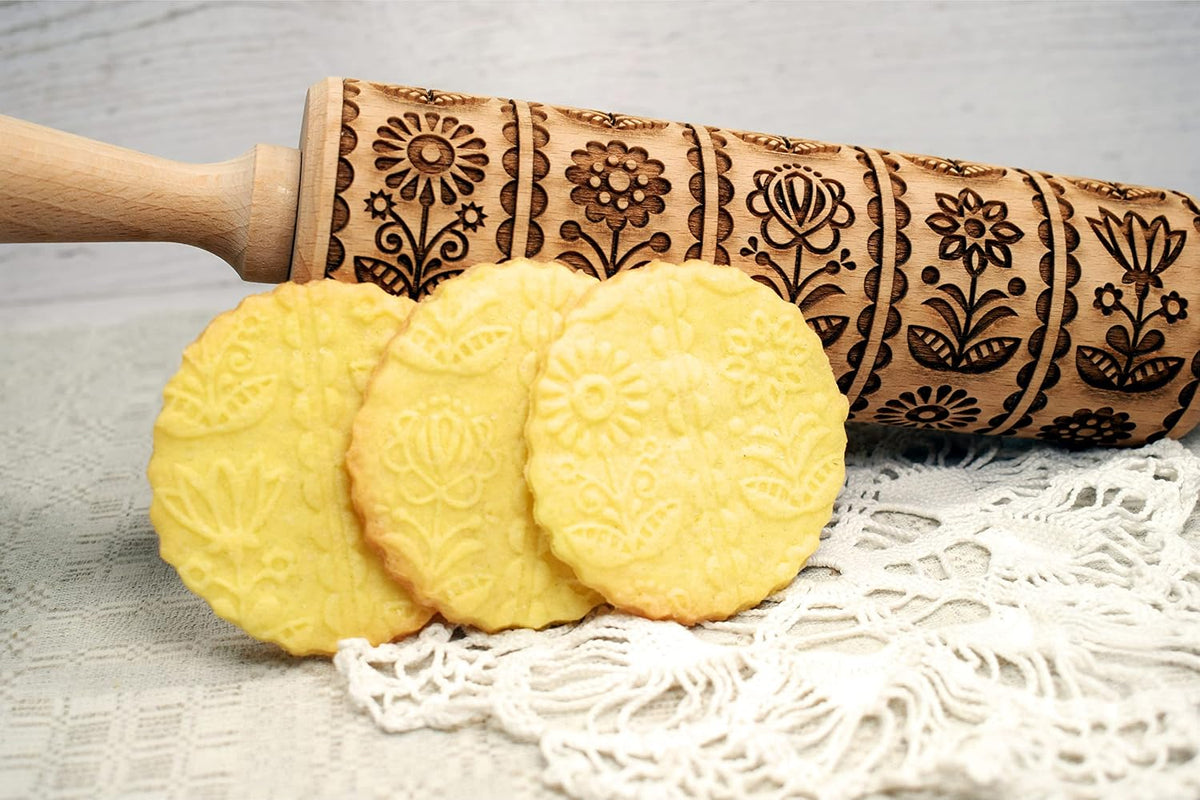 FLOWERING VINE Embossing Rolling Pin. Laser Engraved Dough Roller with Climbing Flowers Pattern for Embossed Cookies or Pottery