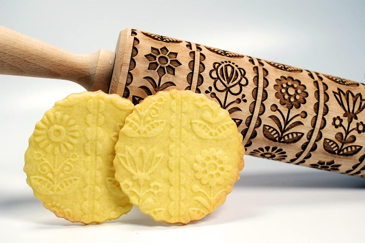 FLOWERING VINE Embossing Rolling Pin. Laser Engraved Dough Roller with Climbing Flowers Pattern for Embossed Cookies or Pottery