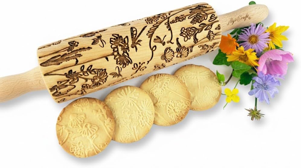 FLOWERING VINE Embossing Rolling Pin. Laser Engraved Dough Roller with Climbing Flowers Pattern for Embossed Cookies or Pottery