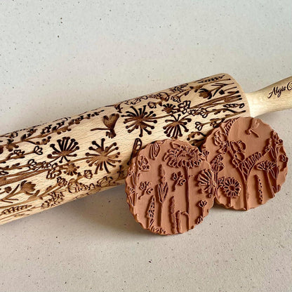 FLOWERING VINE Embossing Rolling Pin. Laser Engraved Dough Roller with Climbing Flowers Pattern for Embossed Cookies or Pottery