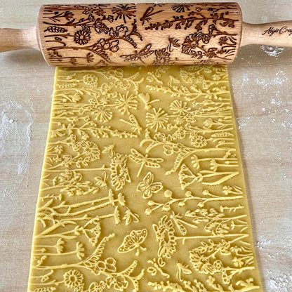 FLOWERING VINE Embossing Rolling Pin. Laser Engraved Dough Roller with Climbing Flowers Pattern for Embossed Cookies or Pottery