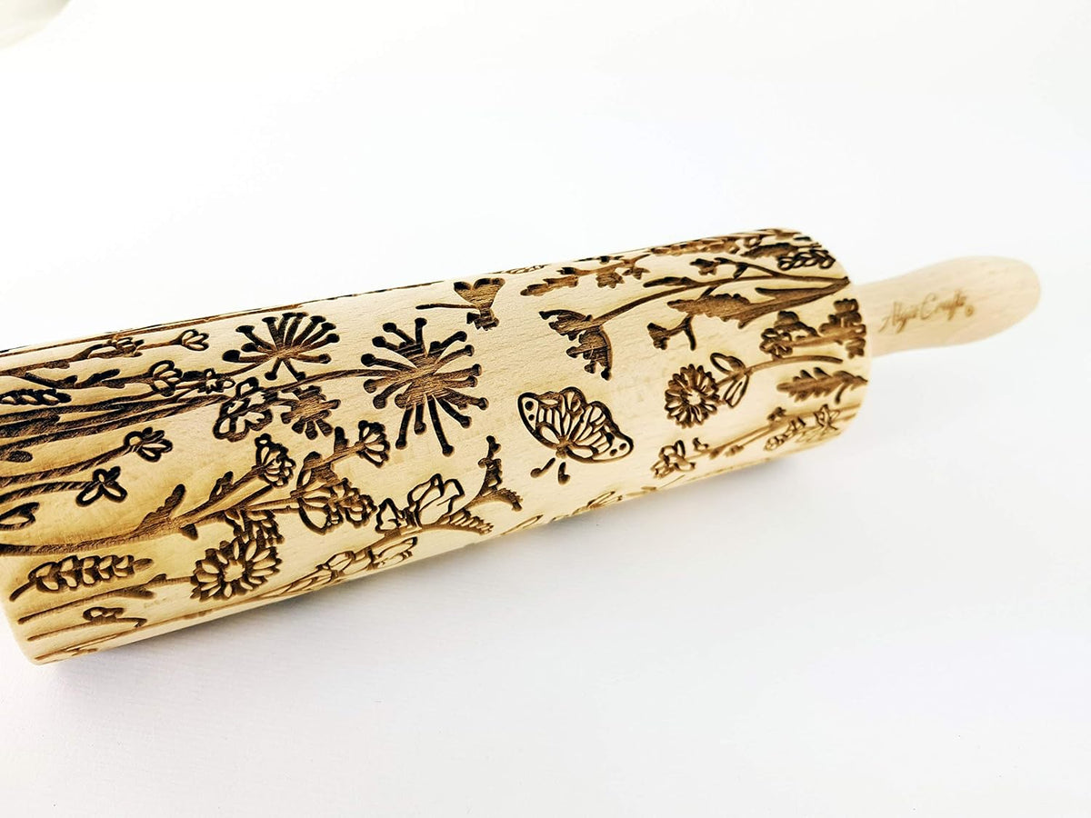 FLOWERING VINE Embossing Rolling Pin. Laser Engraved Dough Roller with Climbing Flowers Pattern for Embossed Cookies or Pottery