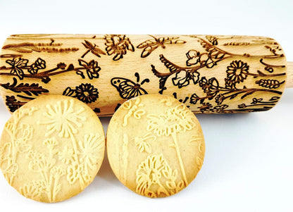 FLOWERING VINE Embossing Rolling Pin. Laser Engraved Dough Roller with Climbing Flowers Pattern for Embossed Cookies or Pottery