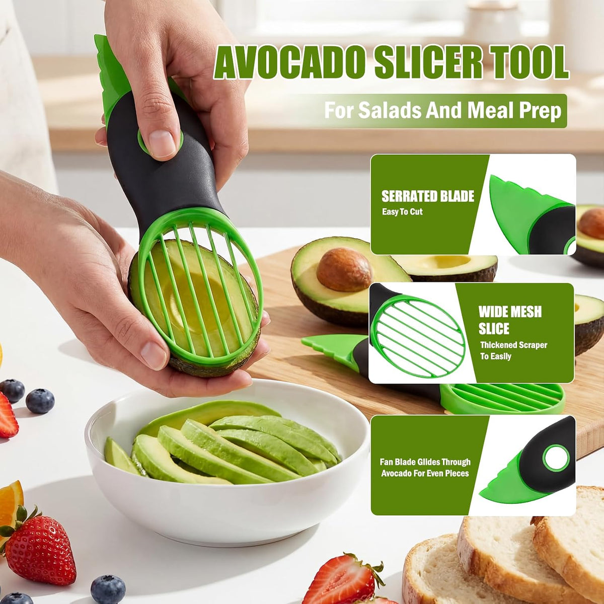 Avocado 3 Piece Set, Includes Avocado Slicer, Cutter and Airtight Storage Container, Dishwasher Safe Tool for Slicing, Dicing and Keeping Avocados Fresh