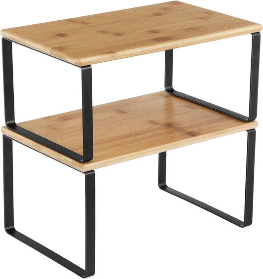 Cabinet Organizer Shelf, Set of 2 Kitchen Counter Shelves, Kitchen Storage, Spice Rack, Stackable, Expandable, Metal and Engineered Wood, 11.7 Inches, Ink Black and Natural Beige UKCS02NB