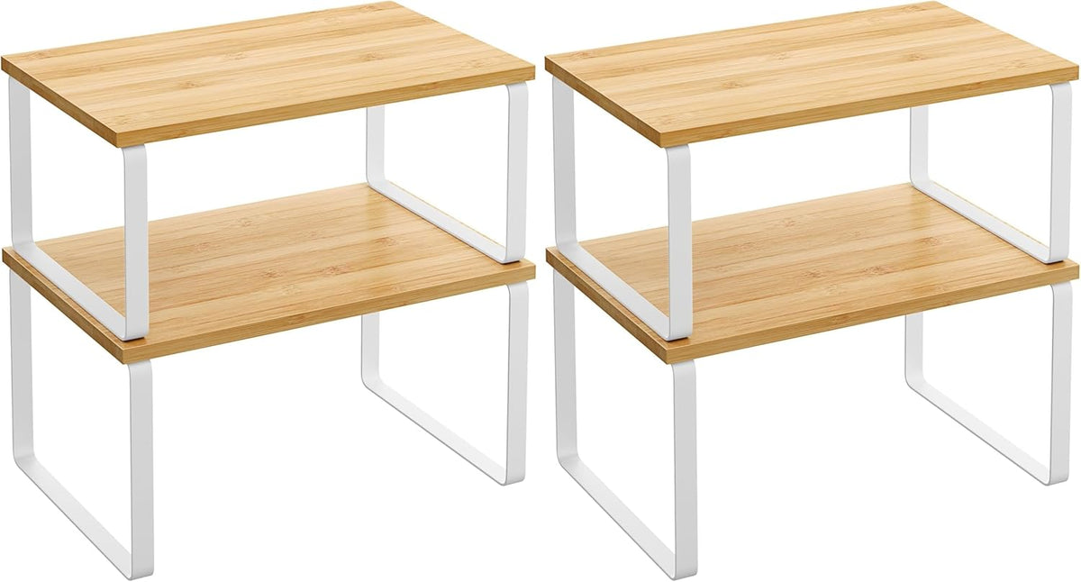 Cabinet Organizer Shelf, Set of 2 Kitchen Counter Shelves, Kitchen Storage, Spice Rack, Stackable, Expandable, Metal and Engineered Wood, 11.7 Inches, Ink Black and Natural Beige UKCS02NB