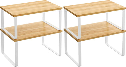 Cabinet Organizer Shelf, Set of 2 Kitchen Counter Shelves, Kitchen Storage, Spice Rack, Stackable, Expandable, Metal and Engineered Wood, 11.7 Inches, Ink Black and Natural Beige UKCS02NB