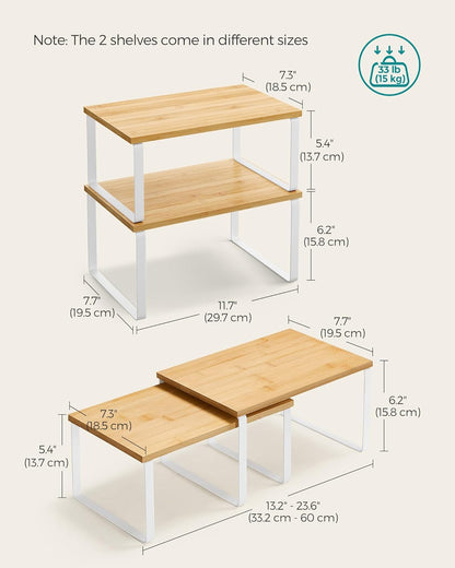 Cabinet Organizer Shelf, Set of 2 Kitchen Counter Shelves, Kitchen Storage, Spice Rack, Stackable, Expandable, Metal and Engineered Wood, 11.7 Inches, Ink Black and Natural Beige UKCS02NB