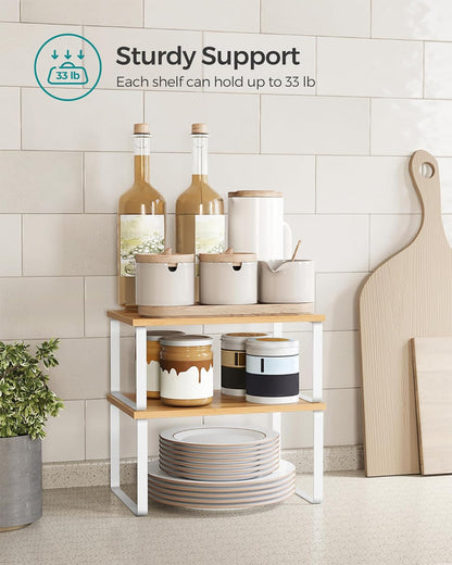 Cabinet Organizer Shelf, Set of 2 Kitchen Counter Shelves, Kitchen Storage, Spice Rack, Stackable, Expandable, Metal and Engineered Wood, 11.7 Inches, Ink Black and Natural Beige UKCS02NB