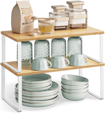 Cabinet Organizer Shelf, Set of 2 Kitchen Counter Shelves, Kitchen Storage, Spice Rack, Stackable, Expandable, Metal and Engineered Wood, 11.7 Inches, Ink Black and Natural Beige UKCS02NB