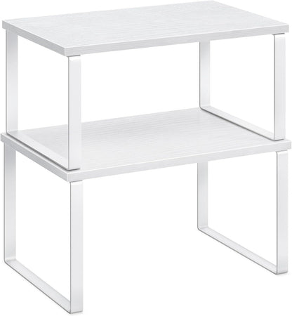 Cabinet Organizer Shelf, Set of 2 Kitchen Counter Shelves, Kitchen Storage, Spice Rack, Stackable, Expandable, Metal and Engineered Wood, 11.7 Inches, Ink Black and Natural Beige UKCS02NB