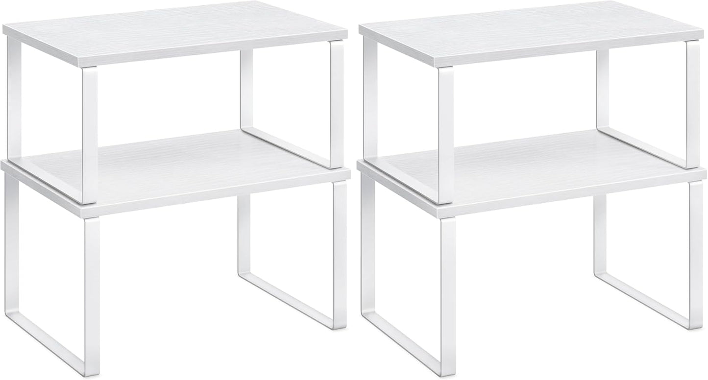 Cabinet Organizer Shelf, Set of 2 Kitchen Counter Shelves, Kitchen Storage, Spice Rack, Stackable, Expandable, Metal and Engineered Wood, 11.7 Inches, Ink Black and Natural Beige UKCS02NB
