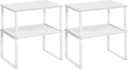 Cabinet Organizer Shelf, Set of 2 Kitchen Counter Shelves, Kitchen Storage, Spice Rack, Stackable, Expandable, Metal and Engineered Wood, 11.7 Inches, Ink Black and Natural Beige UKCS02NB
