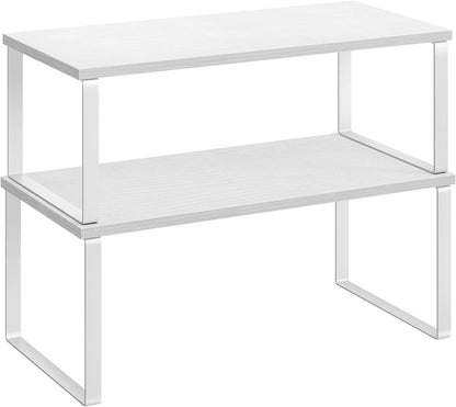 Cabinet Organizer Shelf, Set of 2 Kitchen Counter Shelves, Kitchen Storage, Spice Rack, Stackable, Expandable, Metal and Engineered Wood, 11.7 Inches, Ink Black and Natural Beige UKCS02NB