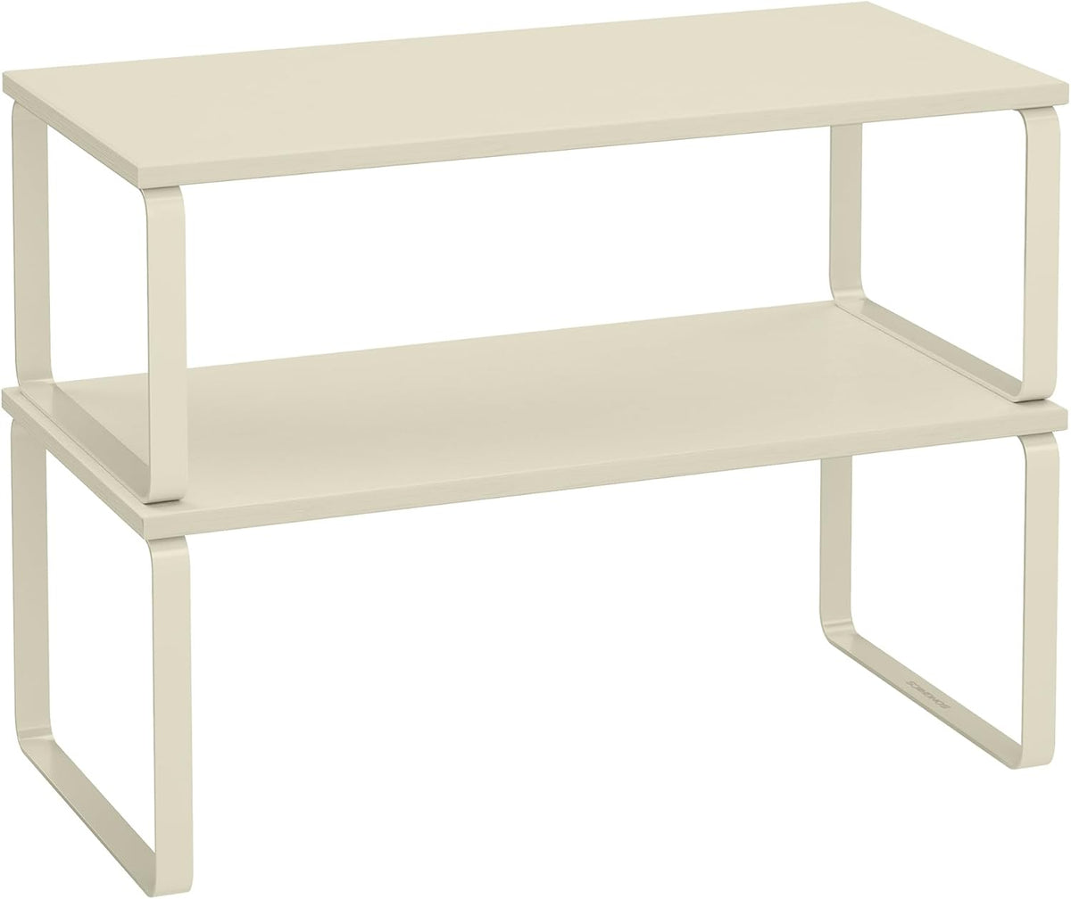 Cabinet Organizer Shelf, Set of 2 Kitchen Counter Shelves, Kitchen Storage, Spice Rack, Stackable, Expandable, Metal and Engineered Wood, 11.7 Inches, Ink Black and Natural Beige UKCS02NB