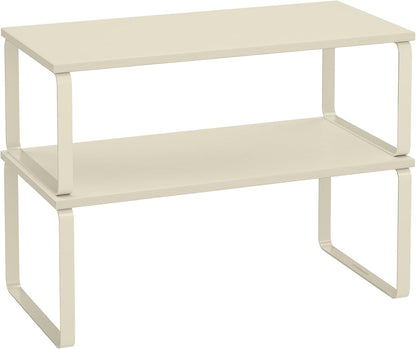 Cabinet Organizer Shelf, Set of 2 Kitchen Counter Shelves, Kitchen Storage, Spice Rack, Stackable, Expandable, Metal and Engineered Wood, 11.7 Inches, Ink Black and Natural Beige UKCS02NB