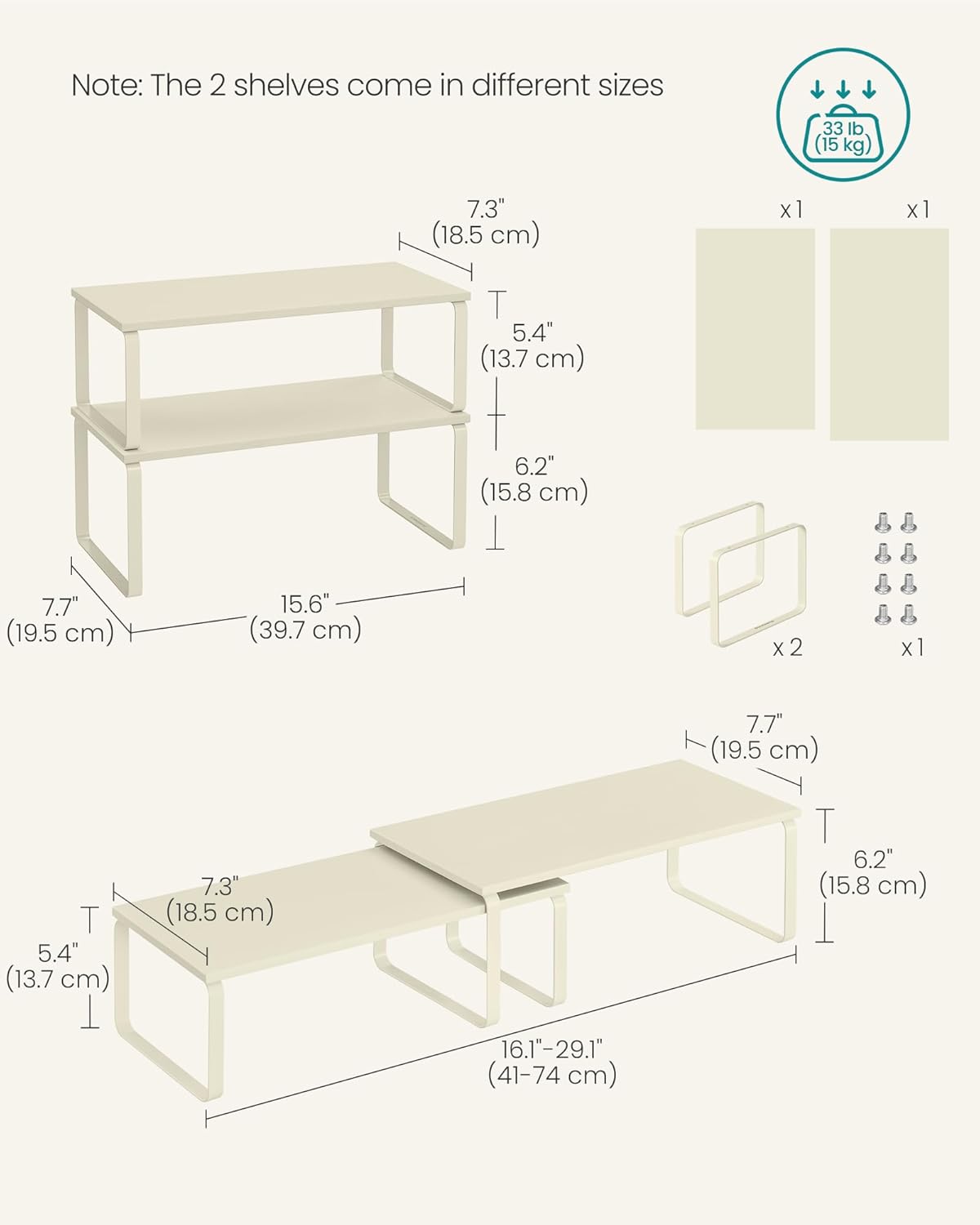 Cabinet Organizer Shelf, Set of 2 Kitchen Counter Shelves, Kitchen Storage, Spice Rack, Stackable, Expandable, Metal and Engineered Wood, 11.7 Inches, Ink Black and Natural Beige UKCS02NB