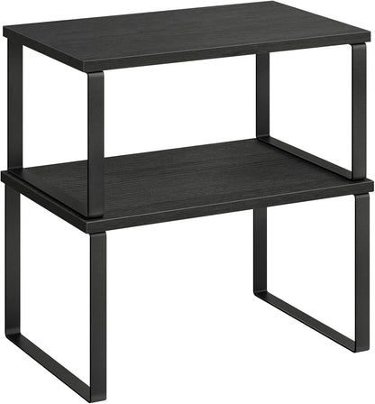 Cabinet Organizer Shelf, Set of 2 Kitchen Counter Shelves, Kitchen Storage, Spice Rack, Stackable, Expandable, Metal and Engineered Wood, 11.7 Inches, Ink Black and Natural Beige UKCS02NB