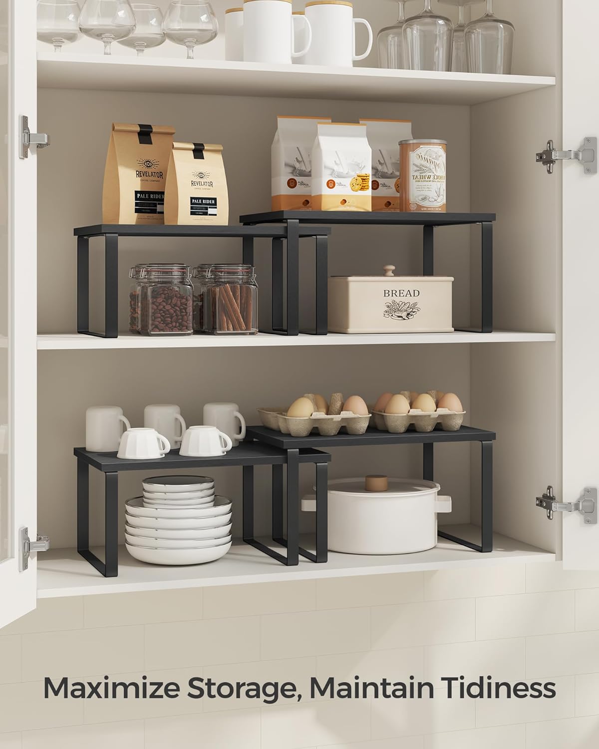 Cabinet Organizer Shelf, Set of 2 Kitchen Counter Shelves, Kitchen Storage, Spice Rack, Stackable, Expandable, Metal and Engineered Wood, 11.7 Inches, Ink Black and Natural Beige UKCS02NB