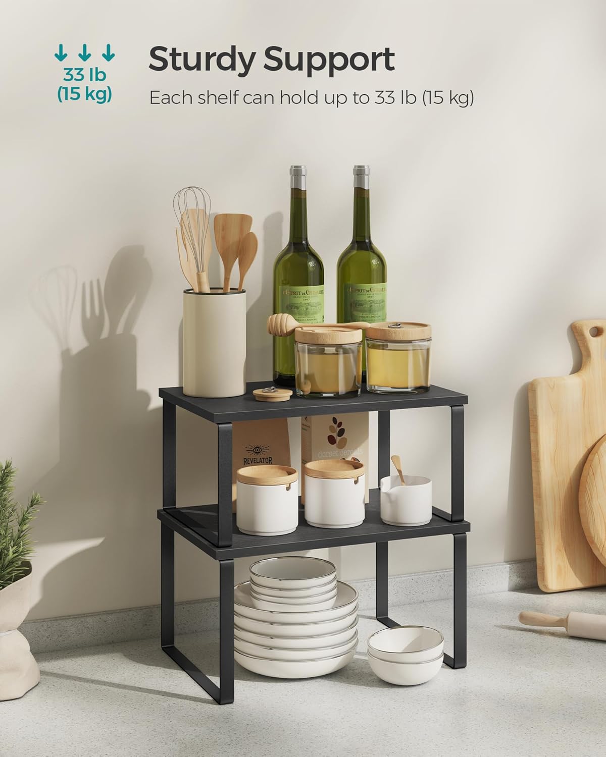 Cabinet Organizer Shelf, Set of 2 Kitchen Counter Shelves, Kitchen Storage, Spice Rack, Stackable, Expandable, Metal and Engineered Wood, 11.7 Inches, Ink Black and Natural Beige UKCS02NB