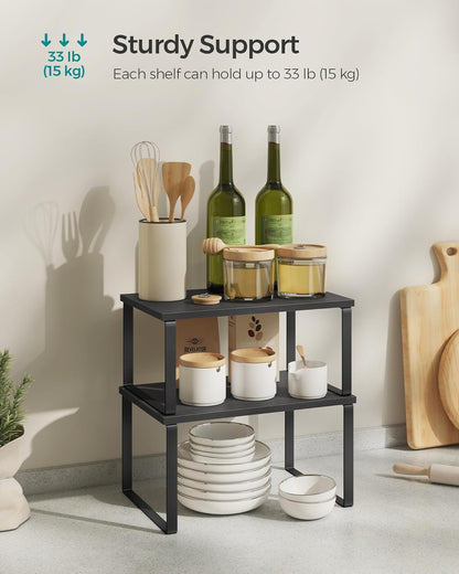 Cabinet Organizer Shelf, Set of 2 Kitchen Counter Shelves, Kitchen Storage, Spice Rack, Stackable, Expandable, Metal and Engineered Wood, 11.7 Inches, Ink Black and Natural Beige UKCS02NB