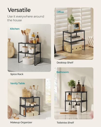 Cabinet Organizer Shelf, Set of 2 Kitchen Counter Shelves, Kitchen Storage, Spice Rack, Stackable, Expandable, Metal and Engineered Wood, 11.7 Inches, Ink Black and Natural Beige UKCS02NB