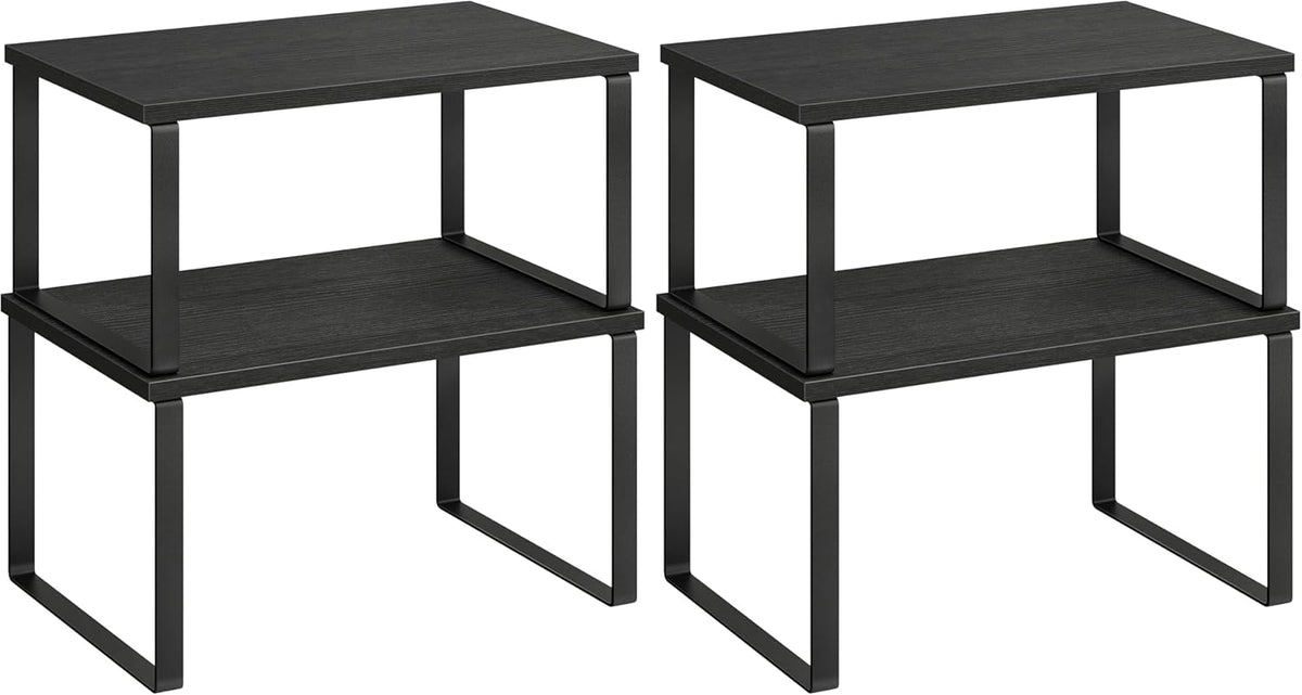 Cabinet Organizer Shelf, Set of 2 Kitchen Counter Shelves, Kitchen Storage, Spice Rack, Stackable, Expandable, Metal and Engineered Wood, 11.7 Inches, Ink Black and Natural Beige UKCS02NB
