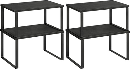 Cabinet Organizer Shelf, Set of 2 Kitchen Counter Shelves, Kitchen Storage, Spice Rack, Stackable, Expandable, Metal and Engineered Wood, 11.7 Inches, Ink Black and Natural Beige UKCS02NB
