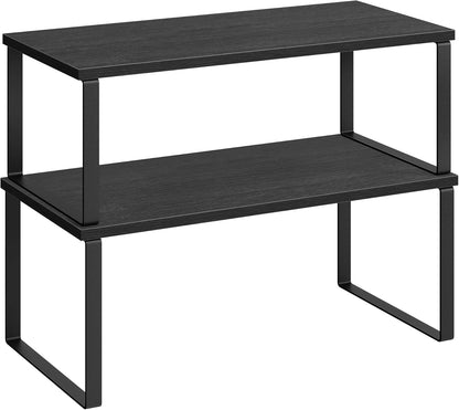 Cabinet Organizer Shelf, Set of 2 Kitchen Counter Shelves, Kitchen Storage, Spice Rack, Stackable, Expandable, Metal and Engineered Wood, 11.7 Inches, Ink Black and Natural Beige UKCS02NB