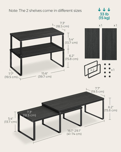 Cabinet Organizer Shelf, Set of 2 Kitchen Counter Shelves, Kitchen Storage, Spice Rack, Stackable, Expandable, Metal and Engineered Wood, 11.7 Inches, Ink Black and Natural Beige UKCS02NB
