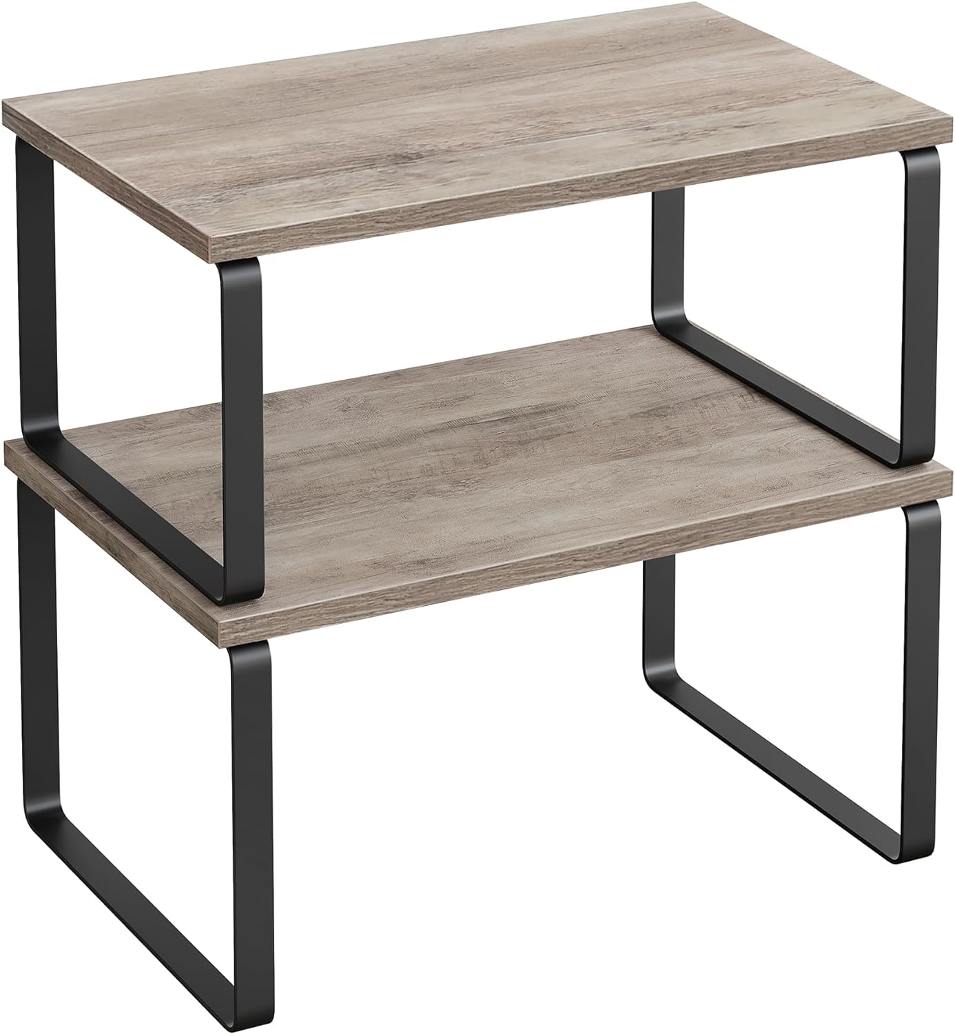 Cabinet Organizer Shelf, Set of 2 Kitchen Counter Shelves, Kitchen Storage, Spice Rack, Stackable, Expandable, Metal and Engineered Wood, 11.7 Inches, Ink Black and Natural Beige UKCS02NB