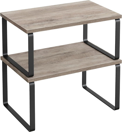 Cabinet Organizer Shelf, Set of 2 Kitchen Counter Shelves, Kitchen Storage, Spice Rack, Stackable, Expandable, Metal and Engineered Wood, 11.7 Inches, Ink Black and Natural Beige UKCS02NB