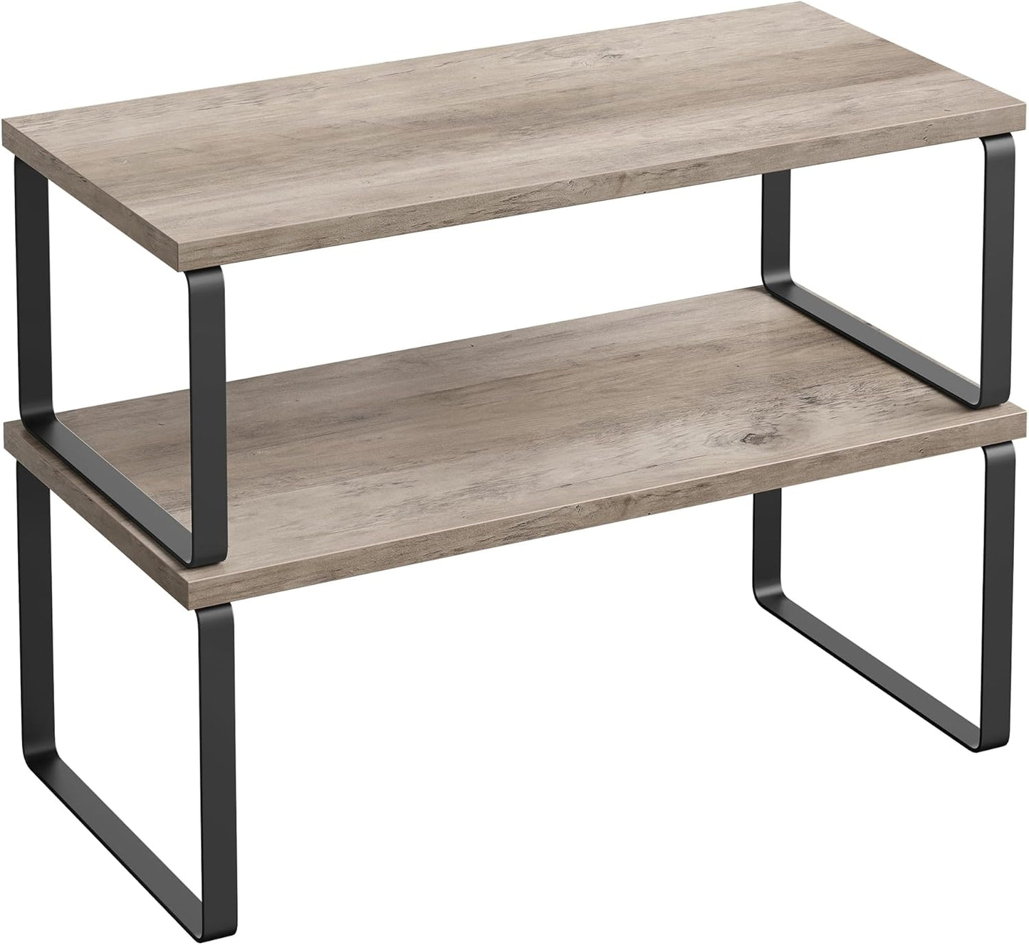Cabinet Organizer Shelf, Set of 2 Kitchen Counter Shelves, Kitchen Storage, Spice Rack, Stackable, Expandable, Metal and Engineered Wood, 11.7 Inches, Ink Black and Natural Beige UKCS02NB