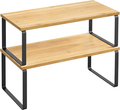 Cabinet Organizer Shelf, Set of 2 Kitchen Counter Shelves, Kitchen Storage, Spice Rack, Stackable, Expandable, Metal and Engineered Wood, 11.7 Inches, Ink Black and Natural Beige UKCS02NB