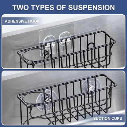 3-In-1 Sponge Holder for Kitchen Sink with Suction Cups & Adhesive Hook , In-sink Sponge Holder, Wall Hanging Sink Caddy Organizer Rack - Sponge, Dish Cloth, Brush, Scrubber - 304 Stainless Steel
